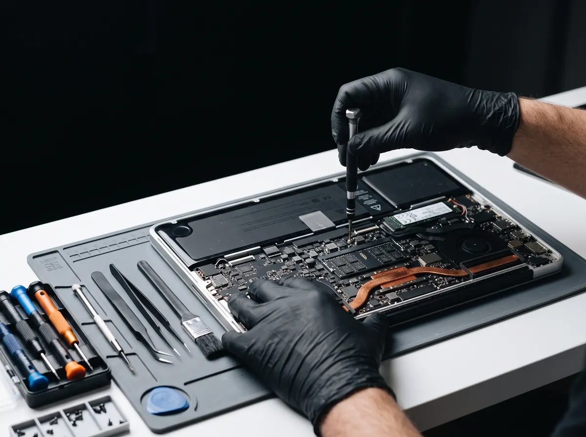A technician repairing an opened laptop on the Tech Depot bench