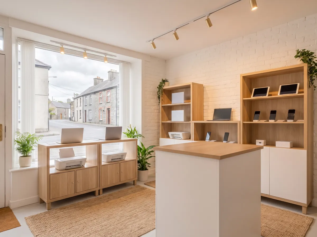 A bright technology shop counter with laptops and tablets on display
