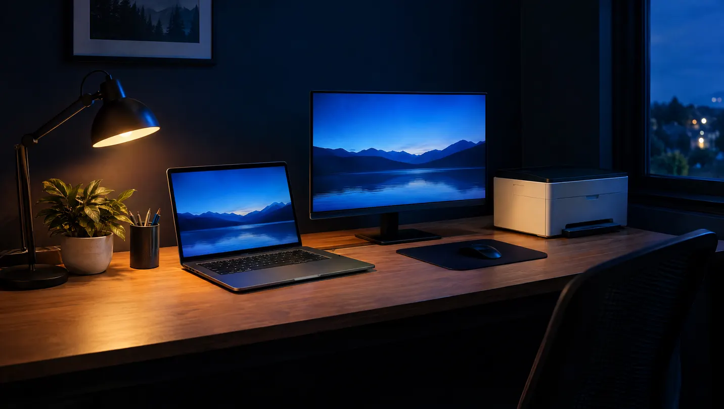A home desk with a laptop, monitor and printer lit against a deep navy room